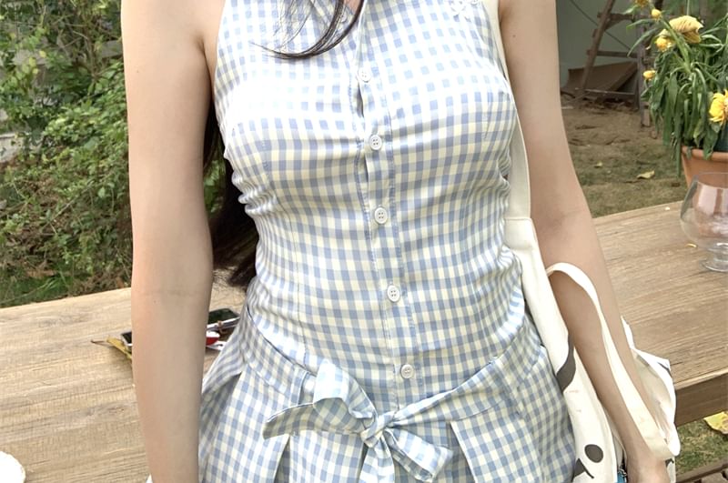 Mini Button-Up Halter-Neck Gingham Dress Pleated A-Line