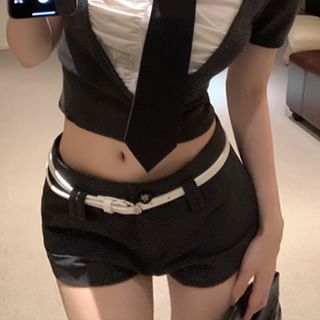 Plain Mid Necktie / Ruched Top Collared Rise Piece Sleeve Short Crop Two Shorts Mock