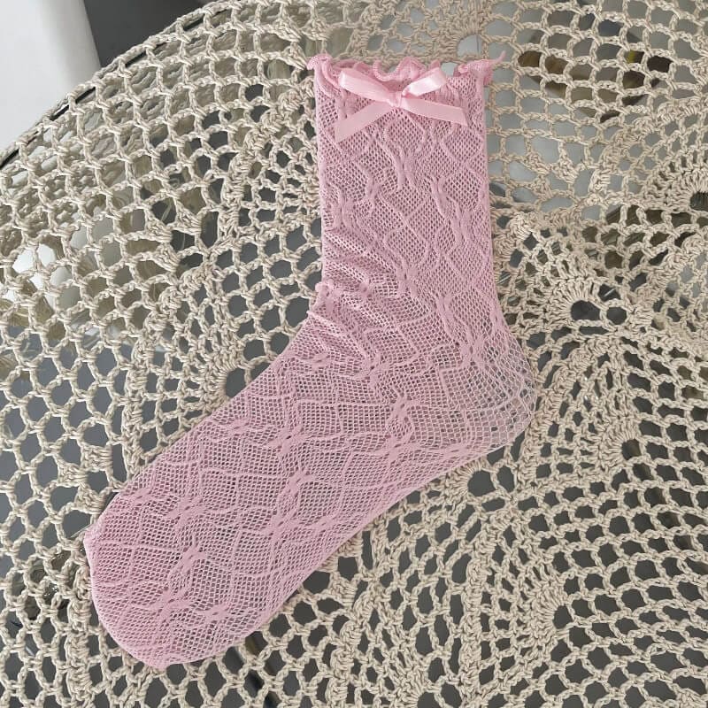 Floral Bow Lace Socks - Pink - socks