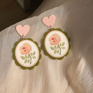 Floral Heart Acrylic Earrings - Standart / Pink/green