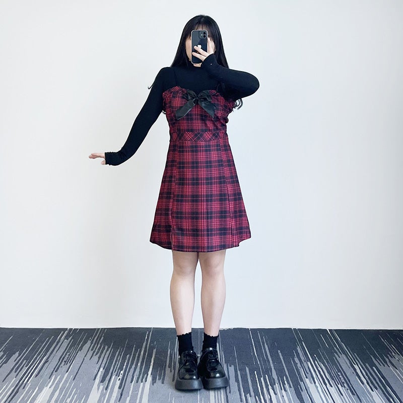 L-3XL Gothic Black Red Plaid Suspender Dress Set MM2307