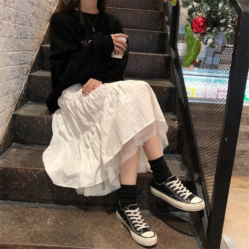 Black/White High Waist Mesh Pleated Long Skirt MK15743 - KawaiiMoriStore
