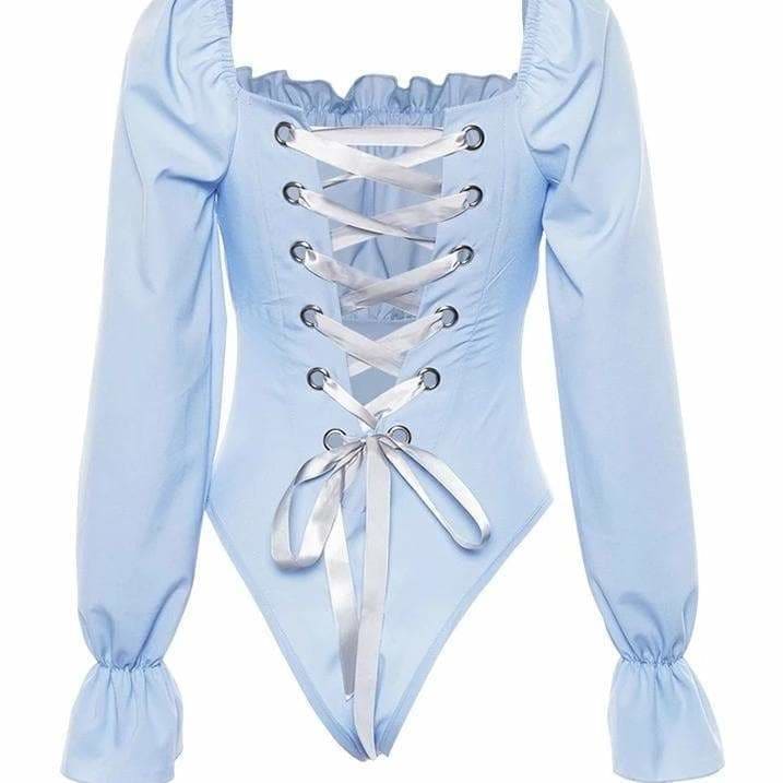 Blue/Black Backless Lace Up Square Collar Long Sleeve