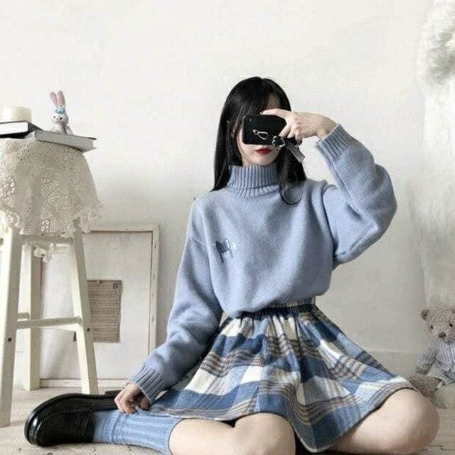 Blue/Pink Sweater and Plaid Pleasted Skirt Set MK14839 - KawaiiMoriStore