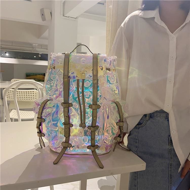 Cool Trendy Colorful Old Flower Pattern Laser Transparent Travel Backpack MK0806 - KawaiiMoriStore