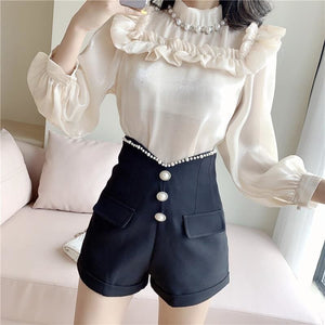 Elegant  Palace Style Turtleneck Ruffled Doll Shirt+High Waist Shorts Suits MM0931 - KawaiiMoriStore