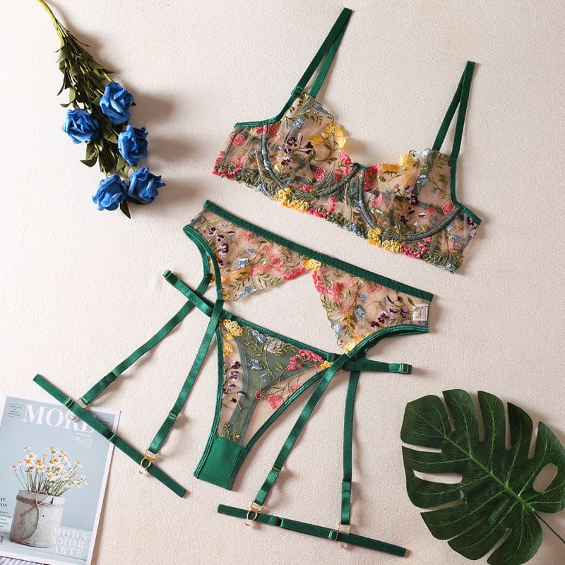 Floral Lingerie Set - Green / S - lingerie