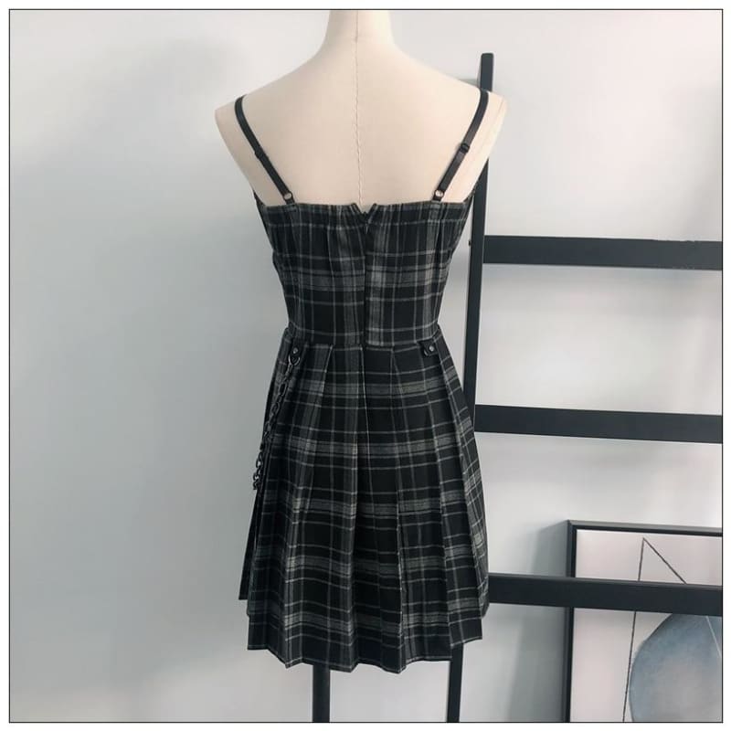 Gothic Grunge Spaghetti Strap Plaid Mini Dress (Available in 2 colors) MK007 - KawaiiMoriStore