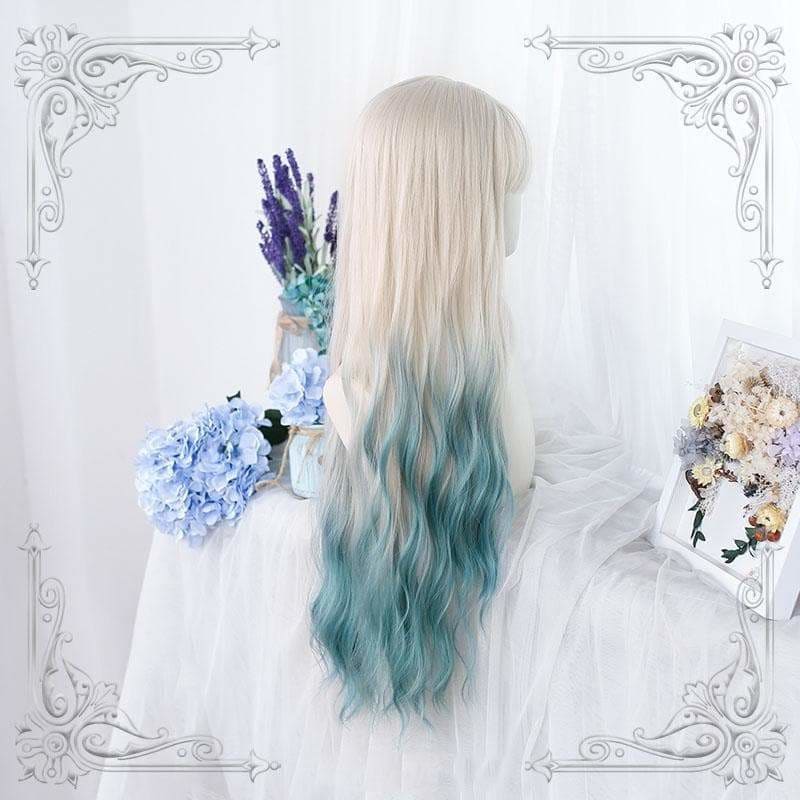 Lolita White Silver Gradiente Blue Long Curly Wig MK16494 -