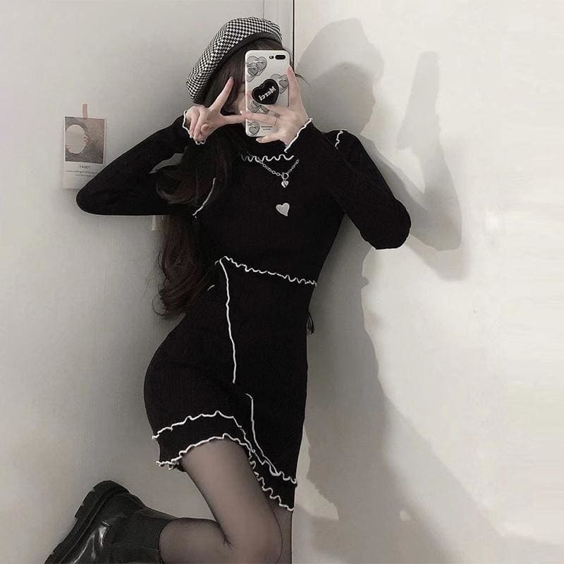 Love Heart Ruffle Knitted Slim Fit Dress MK15699 - KawaiiMoriStore