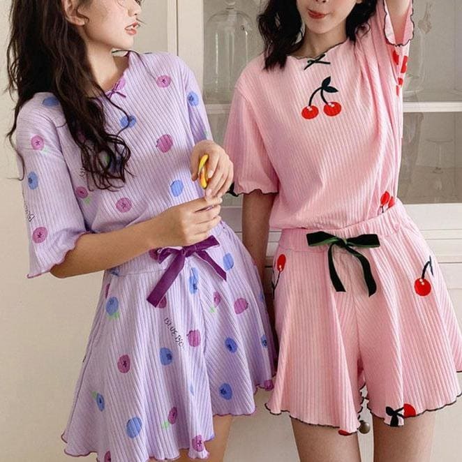 Pink Cherry Blue Blueberry Print Pajama Two Piece Set MK15890 - KawaiiMoriStore