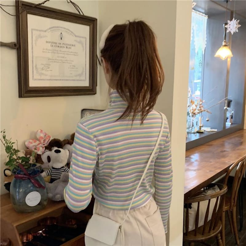 Sweet Rainbow Striped Heart Long Sleeve Turtleneck Knitted Tops MK15155 - KawaiiMoriStore