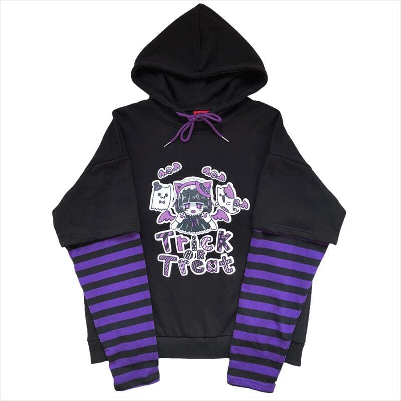 Warm Cartoon Letters Print Striped Splicing Long Sleeve Hoodie Pullover MK15266 - KawaiiMoriStore