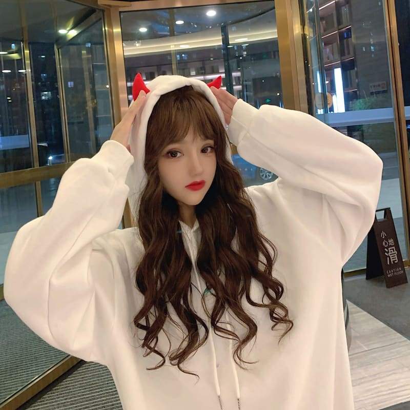 White Cute Little Devil Girl Red Horns Hoodie MM1675 -