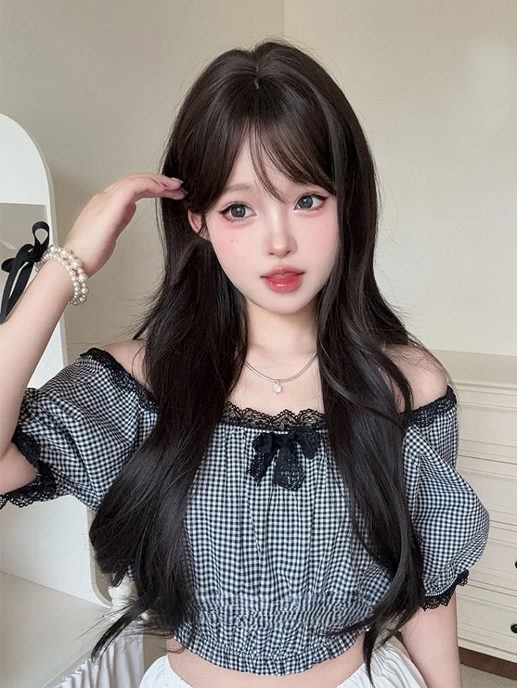 73CM With Wig Length Bangs Black Curtain Tea Wavy