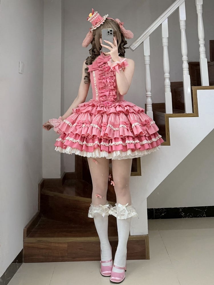 Halter Lolita Dress Sweet Idol Rose Accents Bow Ruffle Skirt Tiered Neck Pink