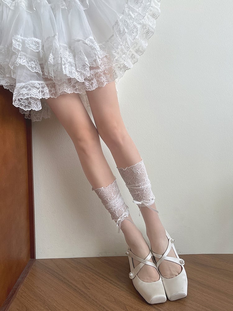 Semi-sheer Calf Ruffled Socks Lace White