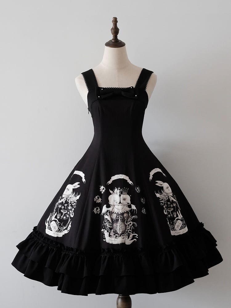 Gothic Bunny Dark Black Slim Print Fit Lolita Dress Waist