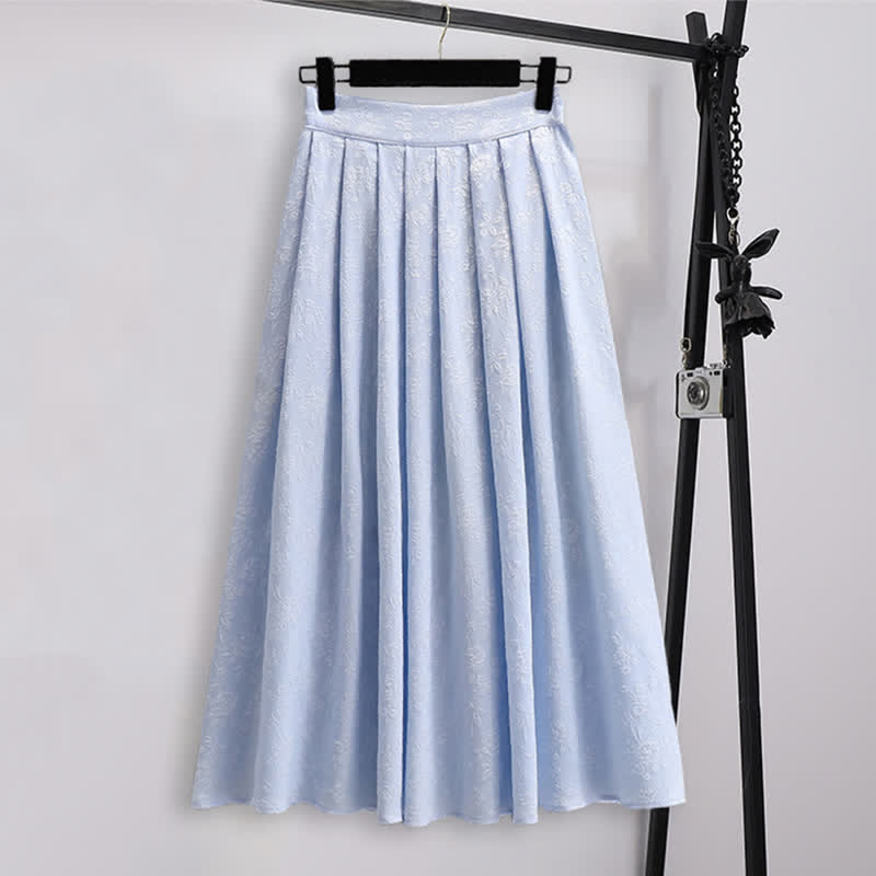 Vintage Hanfu Jacquard Buckle Shirt Pleated Skirt - Blue