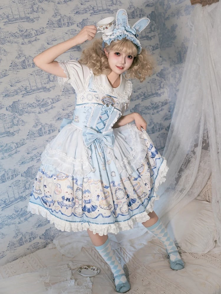 Sweet Alice Lolita Bunny and Print Clock Dress Blue
