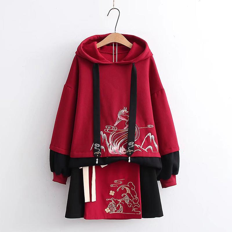 Vintage Red Embroidery Hoodie Bow Knot Skirt Set - Set / S