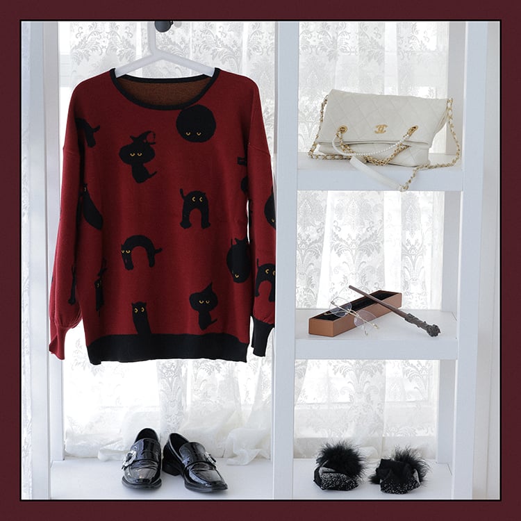 Halloween Black Cat Lolita Sweater with Tie