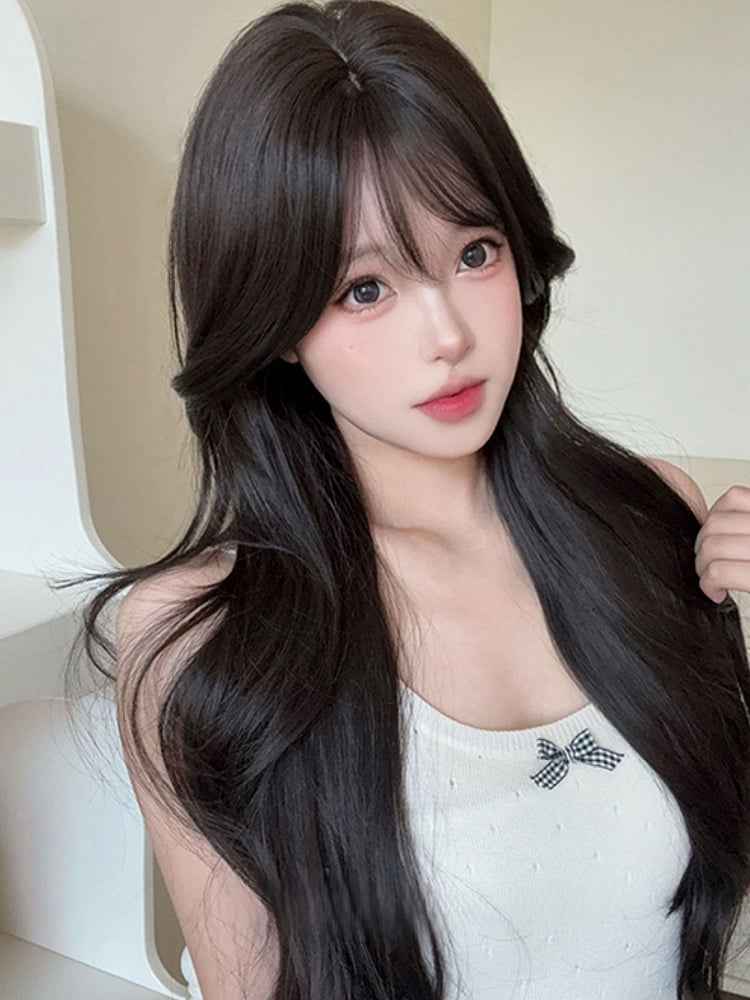 73CM With Wig Length Bangs Black Curtain Tea Wavy