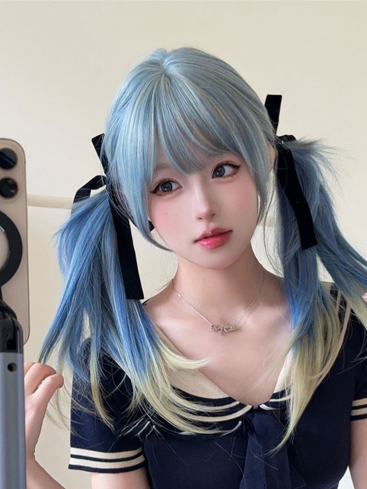Wig Hime With Ombre Blue Length Cut Straight Hair 65CM Air Color Bangs