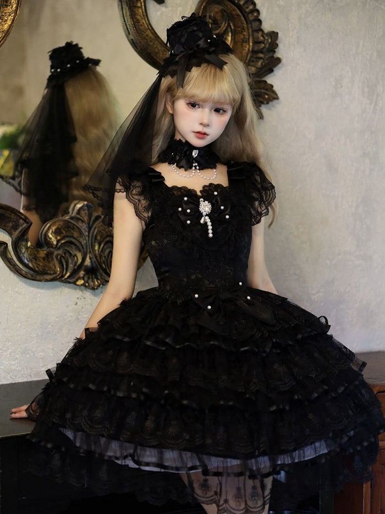 Black All Lolita Skirt Dress Hime Butterfly Fabric Hanayome Tiered Bodice