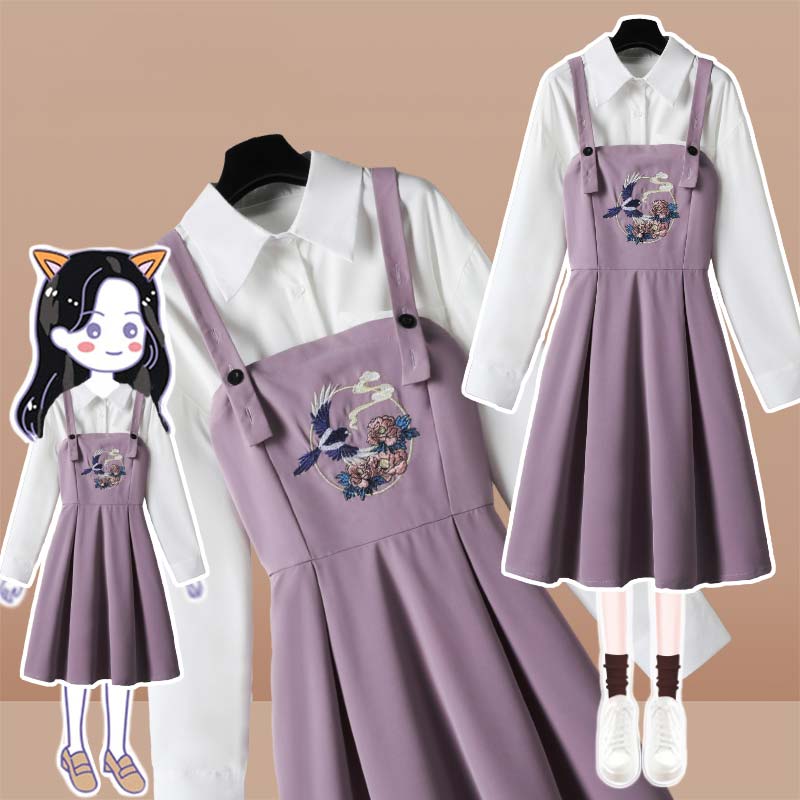 Vintage Floral Pocket Shirt Suspender Dress Set