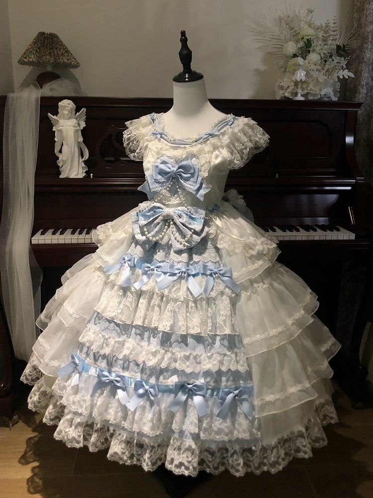 Dress Bows Lolita Full Skirt Blue White Decoration JSK Set Tiered and Hime Hanayome
