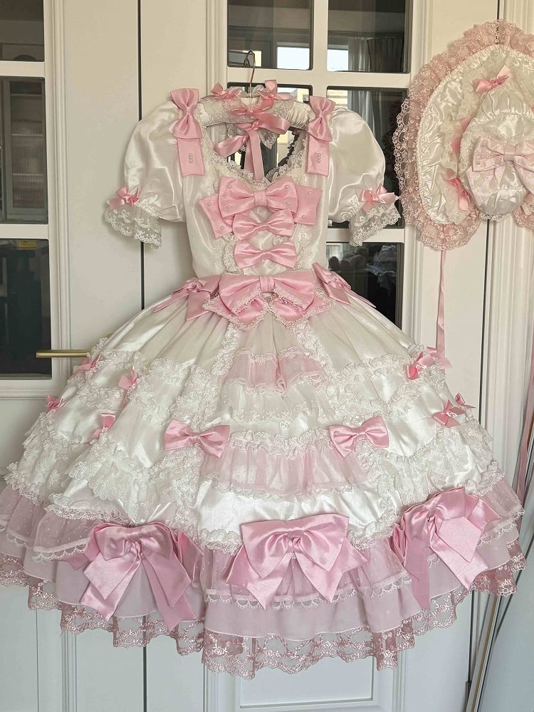 with Pink White Sweet Dress High Waist Lolita Bow Accents Detachable Sleeves Princess