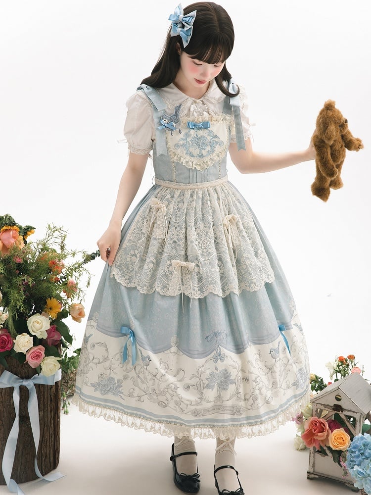 Floral Lolita Blue and Titmouse Print Skirt Jumper