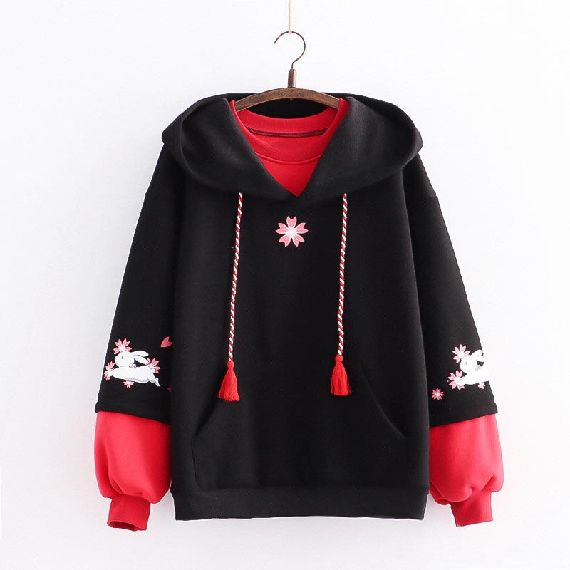 Floral Rabbit Print Plush Sweatshirt - Black / One Size