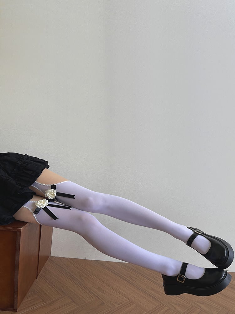 Tights Suspender Camellia Bowknot Black/White