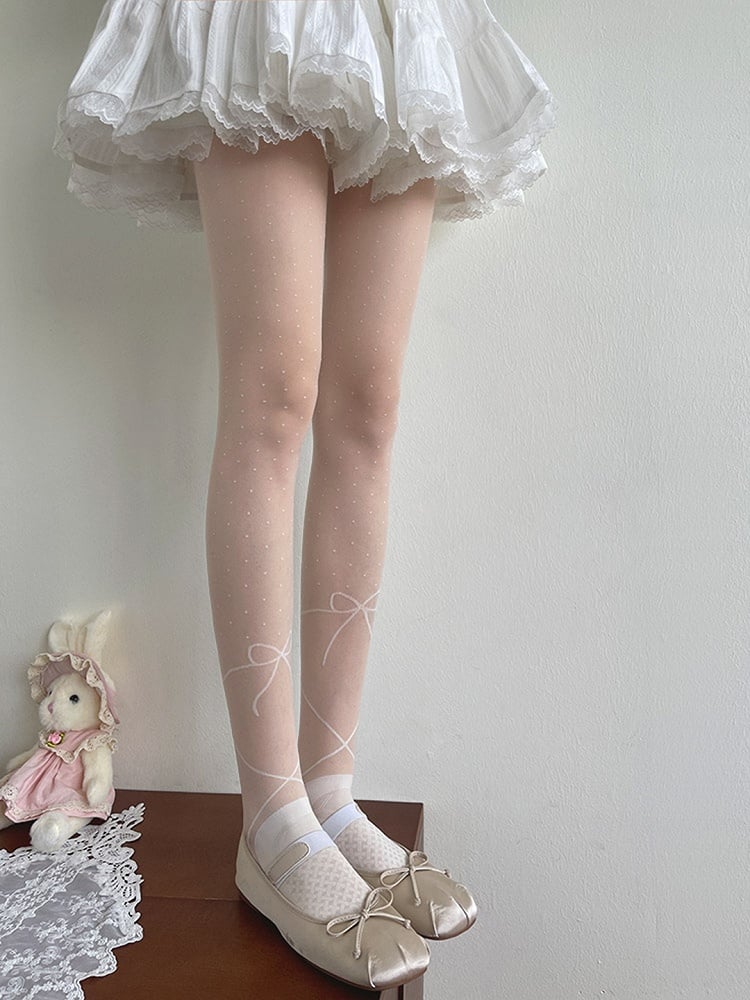 Bowknot Print Lolita Polka-dot Pattern White Tights