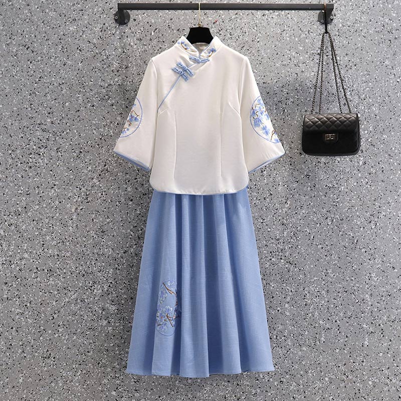 Porcelain Embroidery Fringed Vintage Top Skirt Set