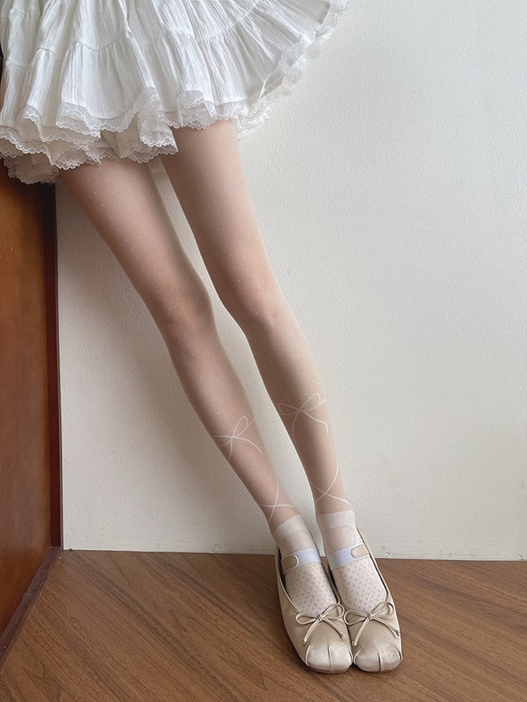 Bowknot Print Lolita Polka-dot Pattern White Tights