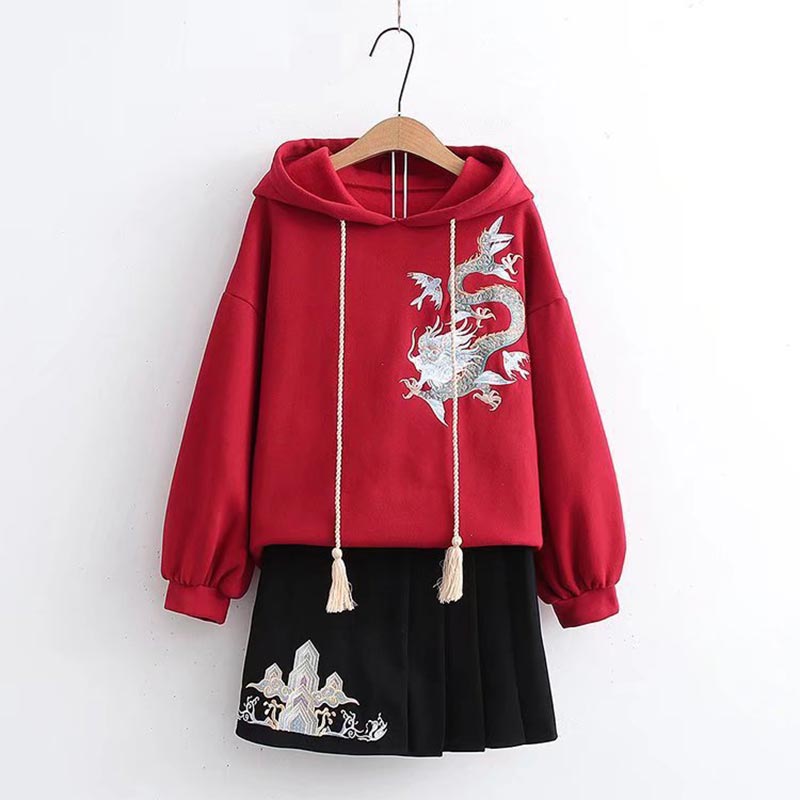 Vintage Dragon Embroidery Hoodie Skirt Set - Set / S