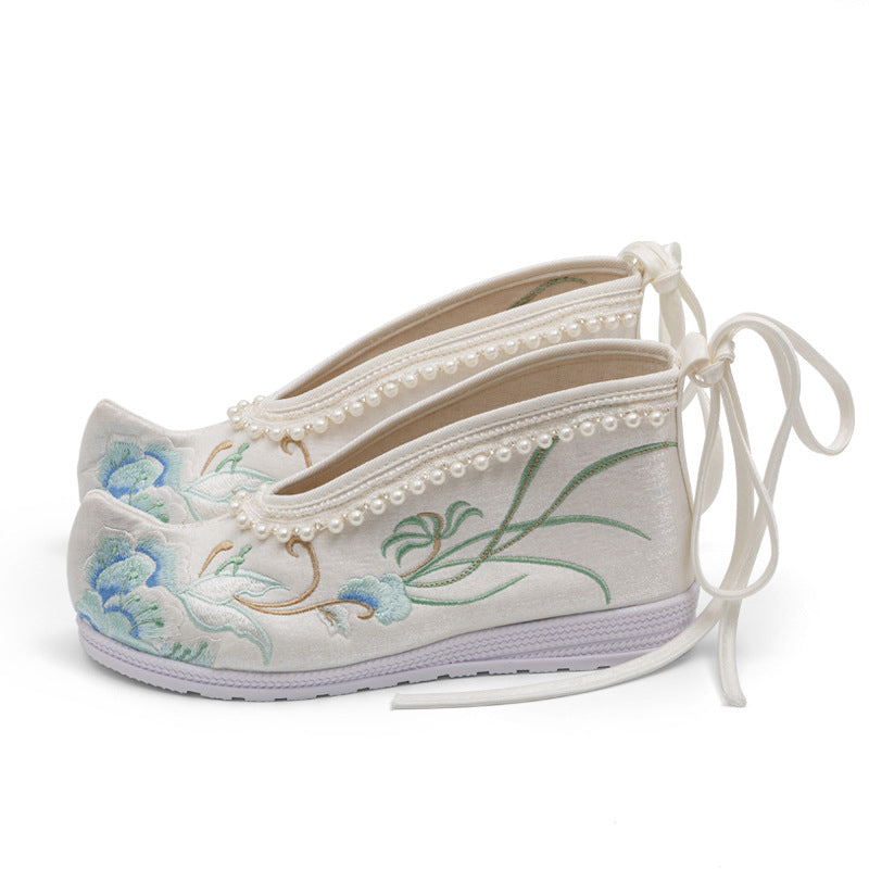 Vintage Embroidery Floral Print Pearl Trim Flats Shoes