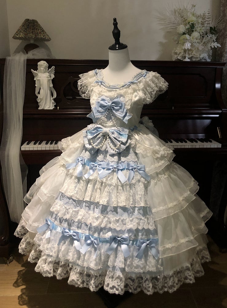 Lolita Decoration Tiered and Hime Skirt Blue Bows Hanayome White Dress