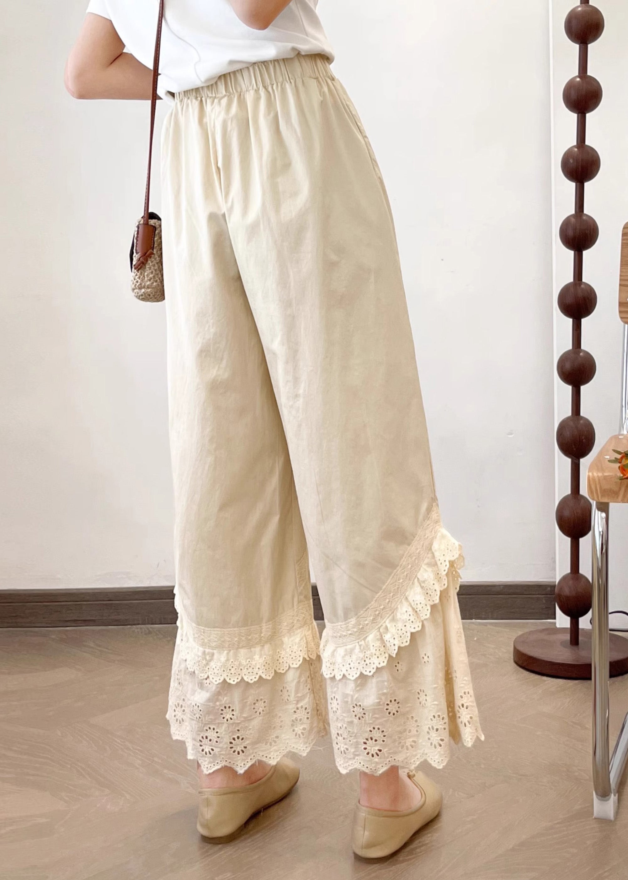 Splicing Apricot New Lace Pants 2025 Summer Wide Leg