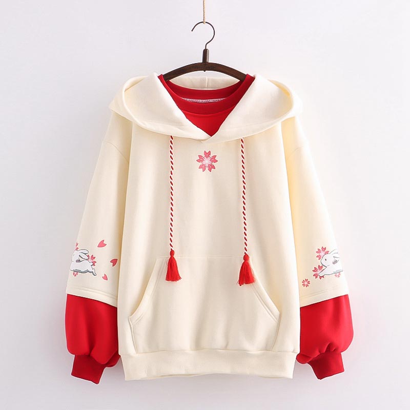 Floral Rabbit Print Plush Sweatshirt - Beige / One Size