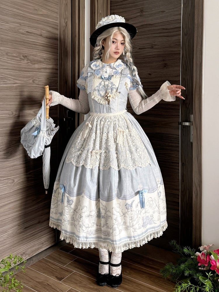 Floral Lolita Blue and Titmouse Print Skirt Jumper
