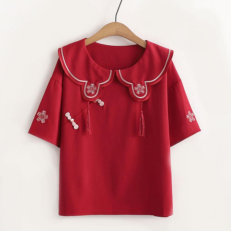 Flower Embroidery Buckle T-Shirt Skirt Set - Red T-Shirt / M