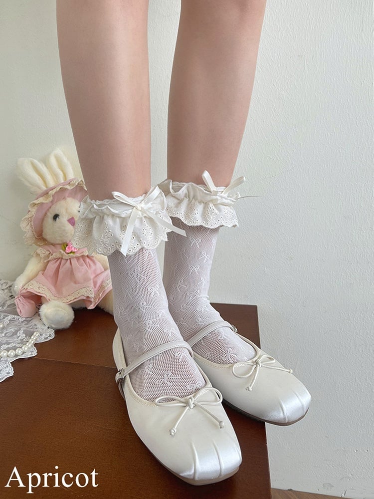 Black/White/Apricot Lace Socks Hollow-out Trim Bowknot Details