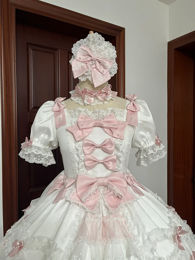 with Detachable Sleeves Sweet Sakura Accents White High Bow Princess Waist Pink Dress Lolita