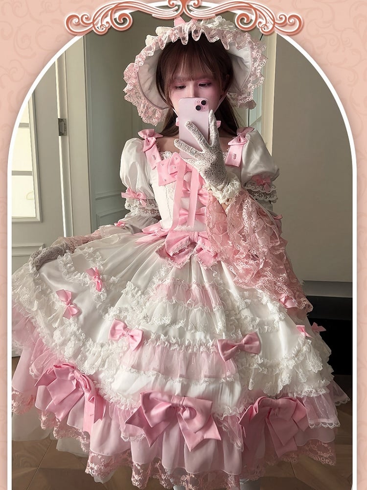 with Pink White Sweet Dress High Waist Lolita Bow Accents Detachable Sleeves Princess