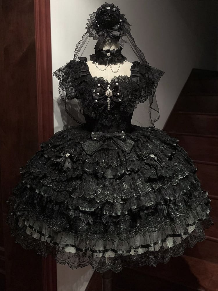 Black All Lolita Skirt Dress Hime Butterfly Fabric Hanayome Tiered Bodice