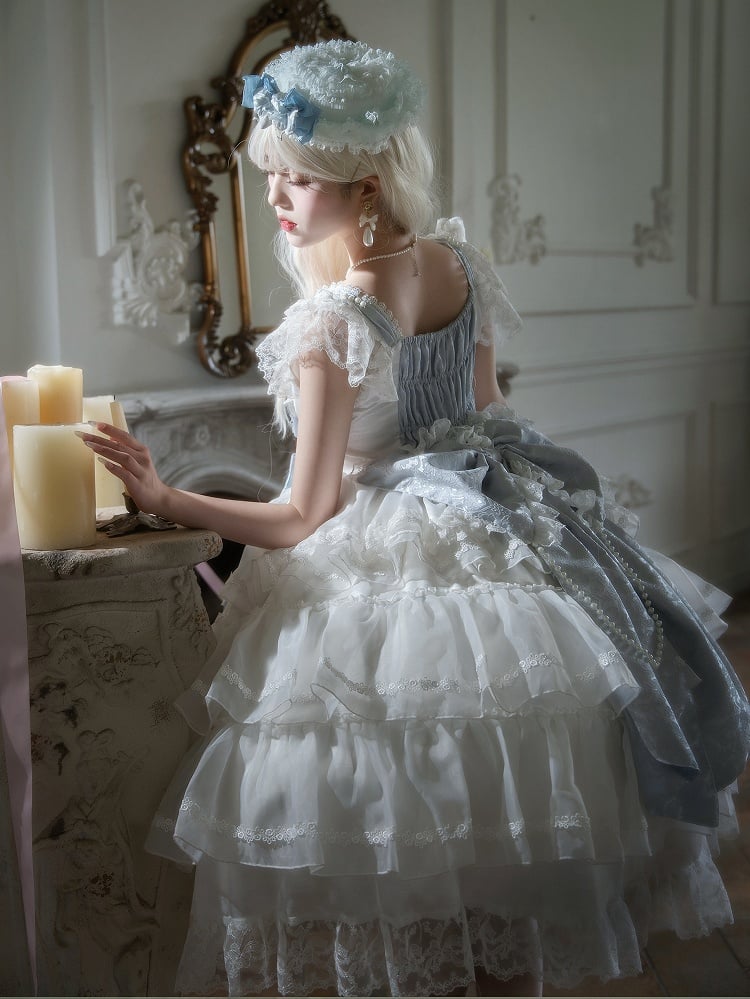 Dress Bows Lolita Full Skirt Blue White Decoration JSK Set Tiered and Hime Hanayome